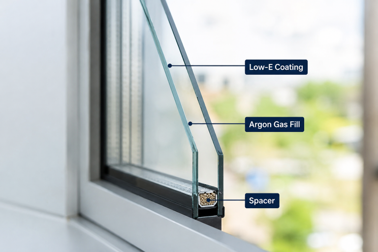 Cross-section of a double pane window showing the argon gas fill and low-E coating