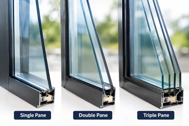 Comparison of single pane, double pane, and triple pane window construction