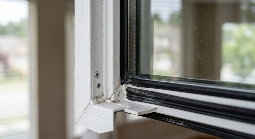 Close-up of a double pane window seal and frame
