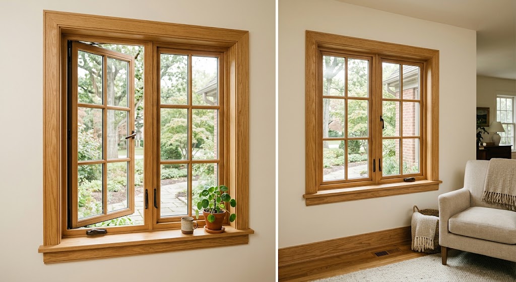 Composite window with a stainable pine wood veneer interior