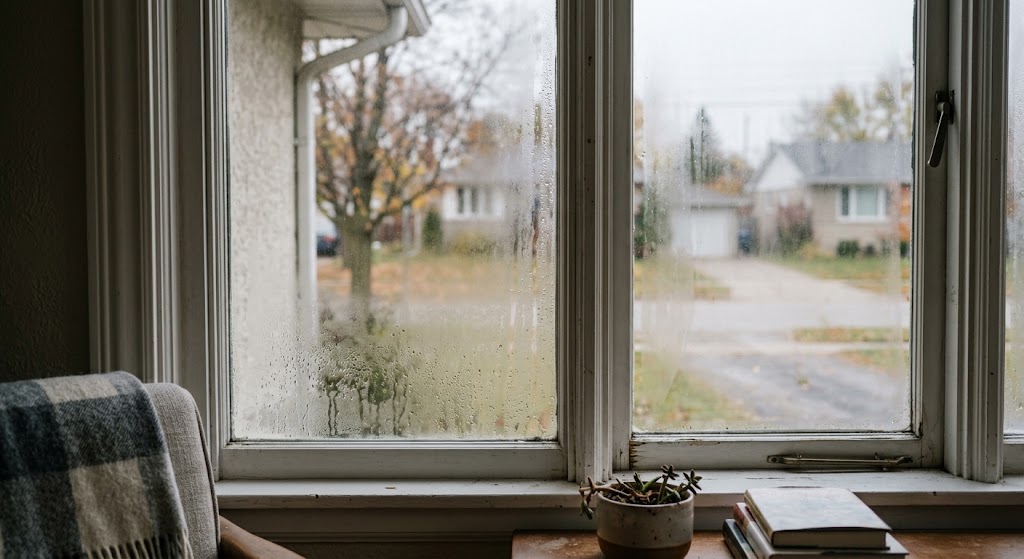 Condensation between panes signaling a failed window seal