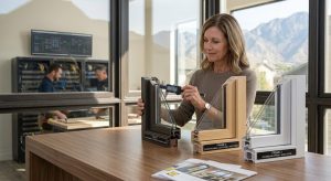 Homeowner comparing custom window options for a Salt Lake City home