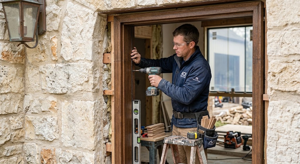 Installer fitting a new front entry door in Salt Lake City