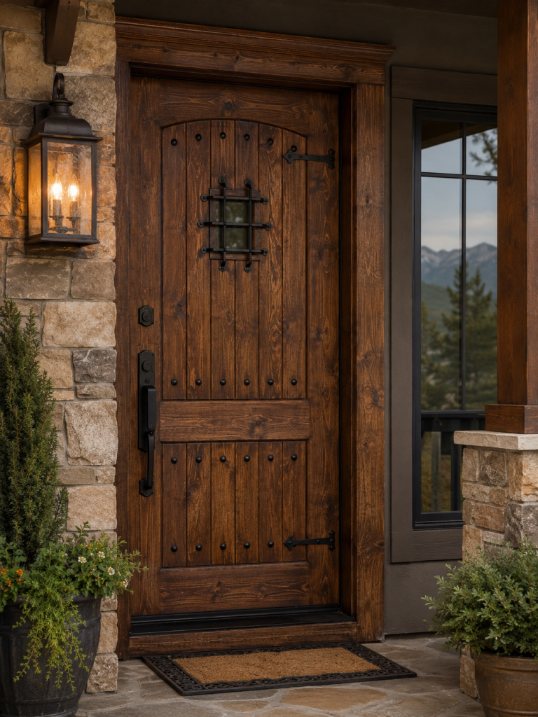 Rustic door with iron hardware and stained wood finish