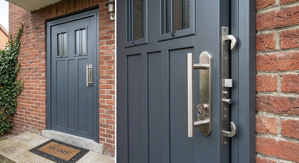 Commercial stainless steel door with panic exit hardware
