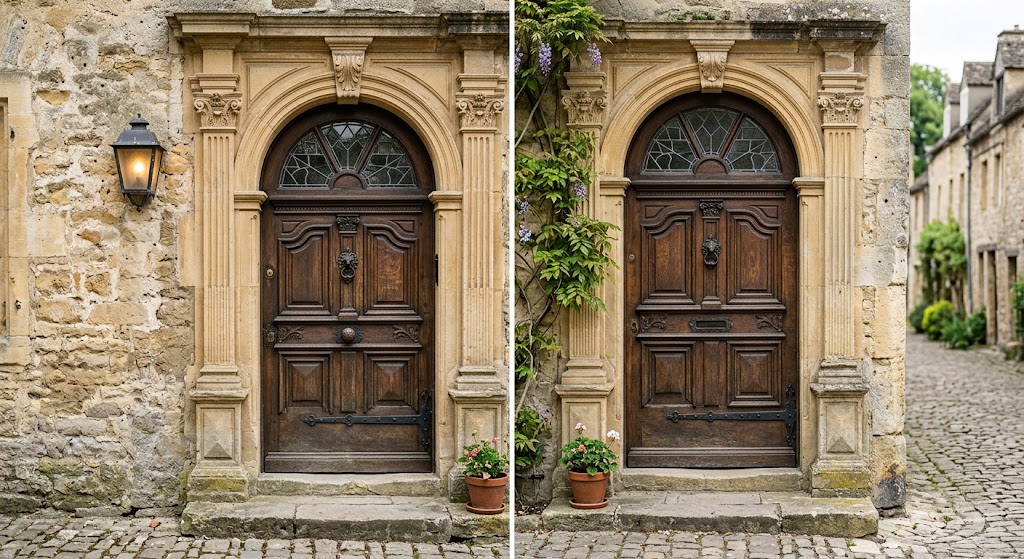 Vintage-style entry door with classic architectural detail