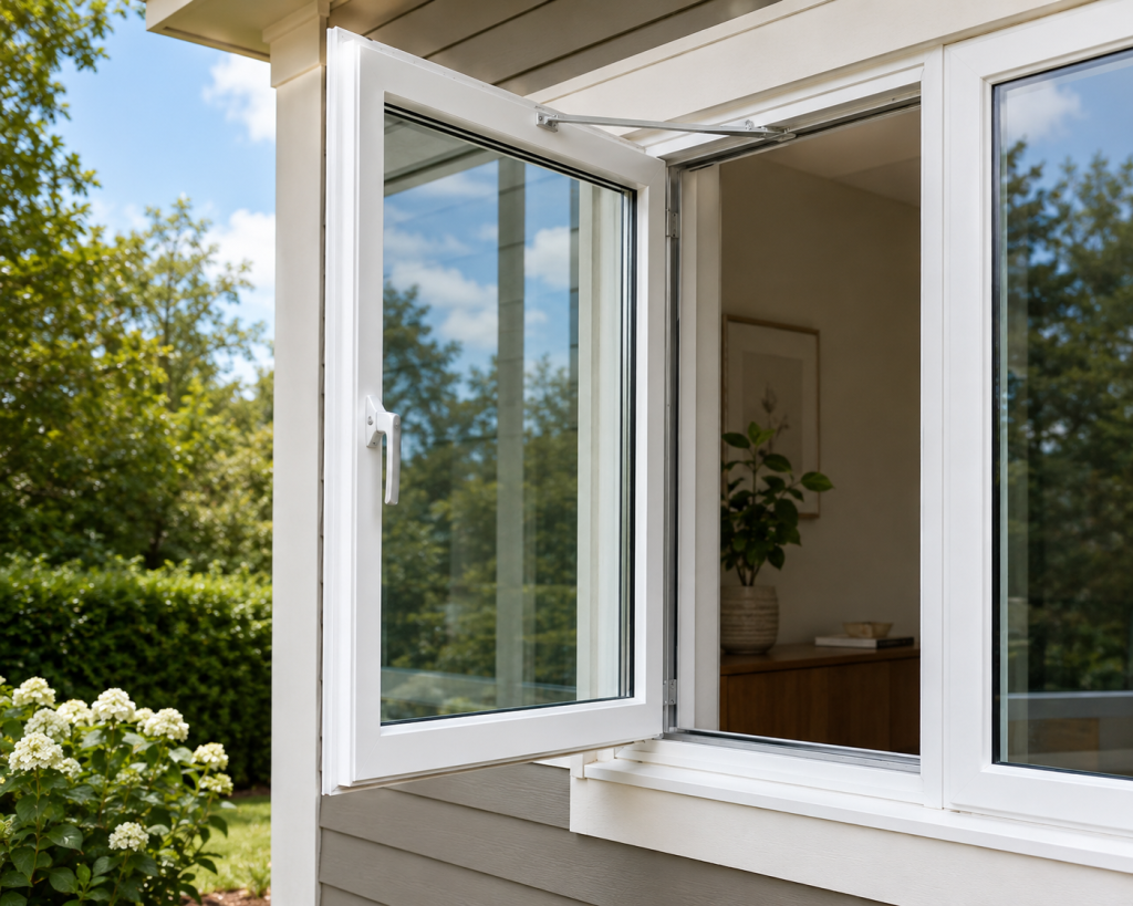 Casement window open outward on a Salt Lake City home