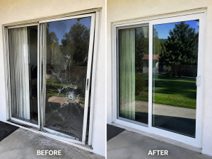 Damaged sliding glass door before repair