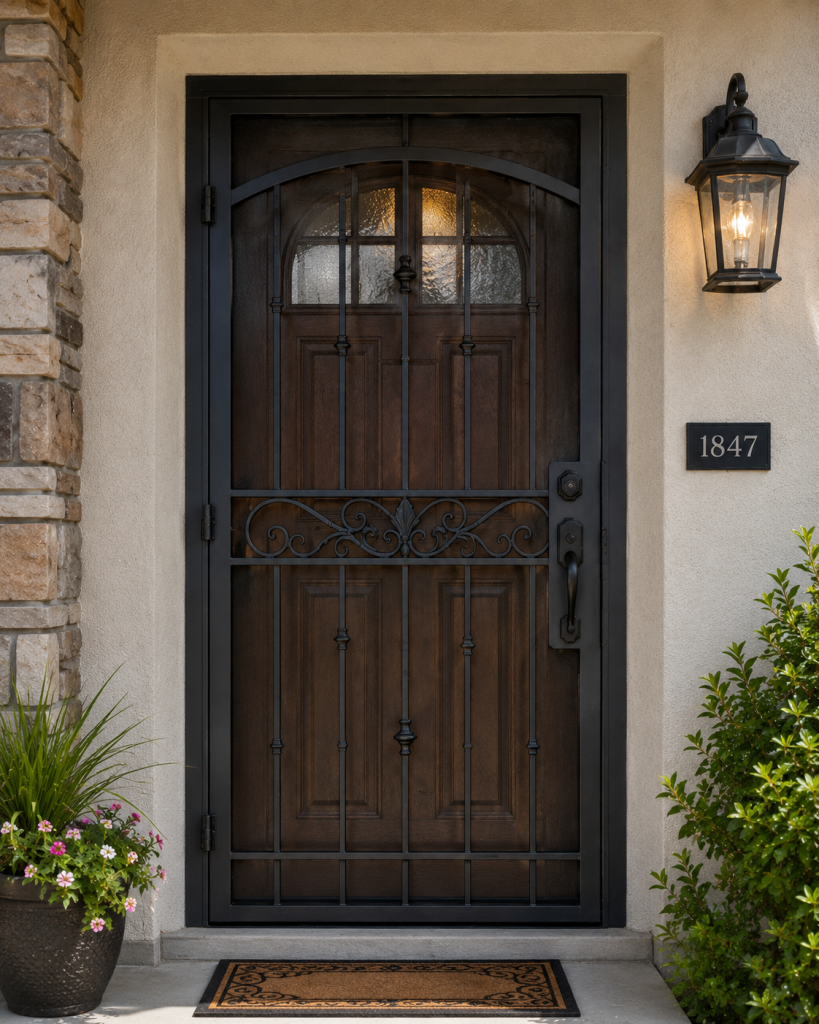 Steel entry door with decorative iron detailing