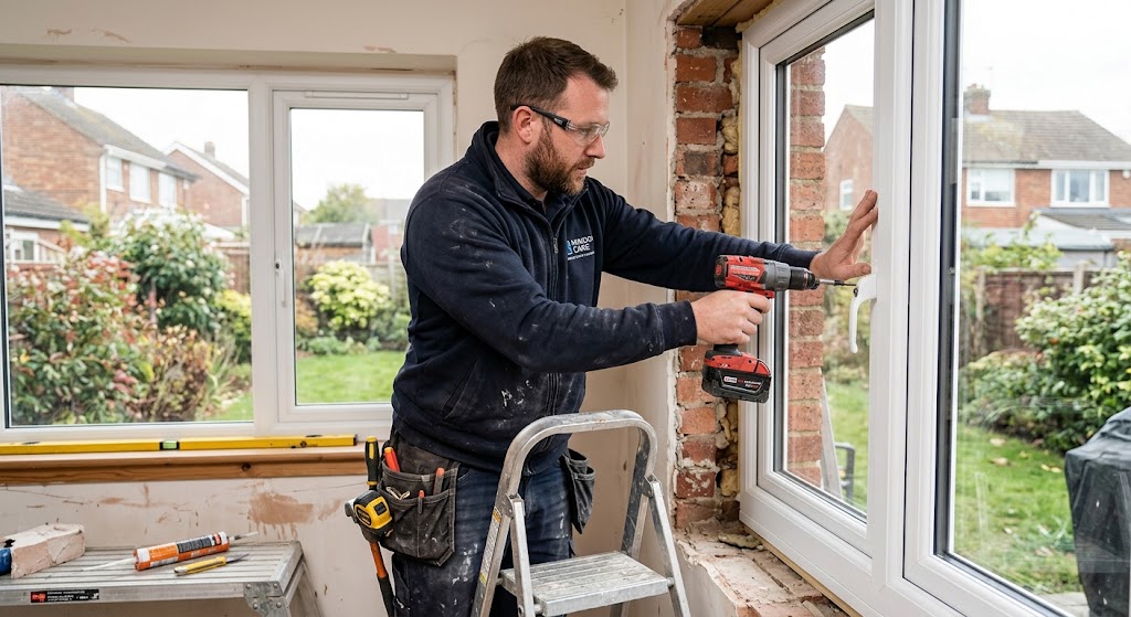 Professional window contractor installing a new window