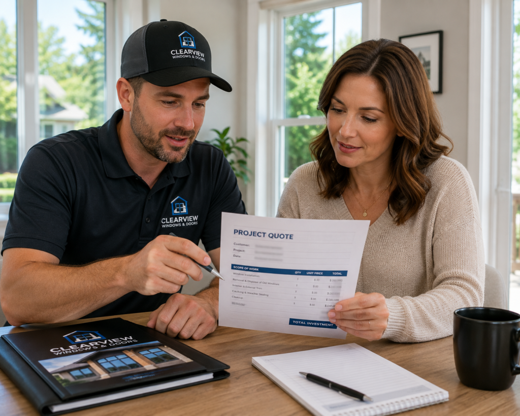 Window replacement contractor reviewing a quote with a Salt Lake City homeowner