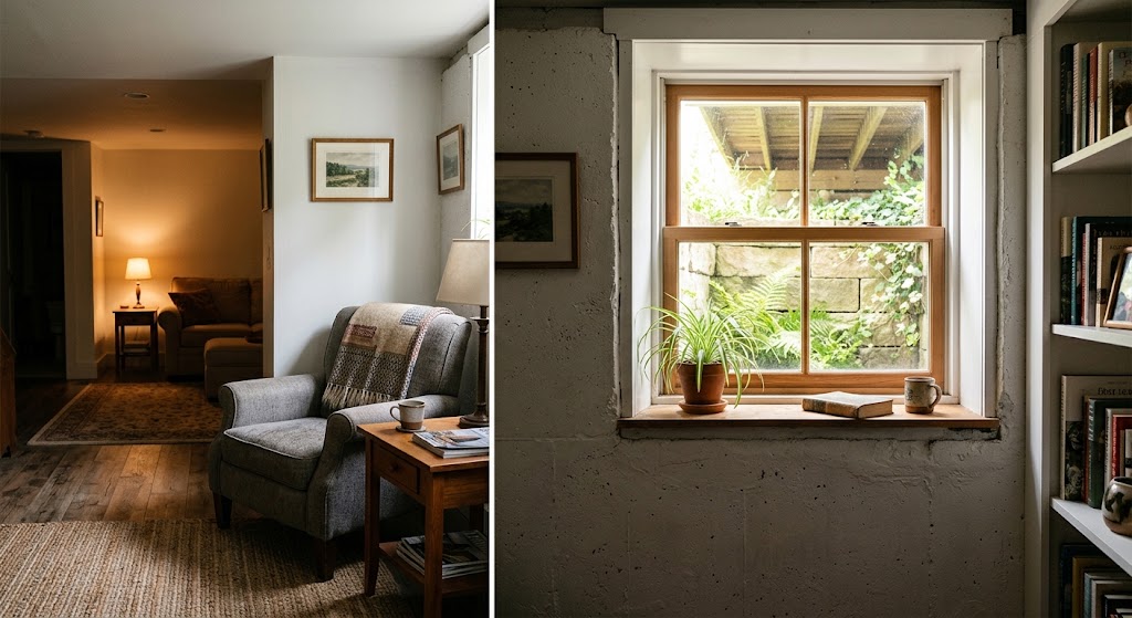 Basement window bringing natural light into an underground space