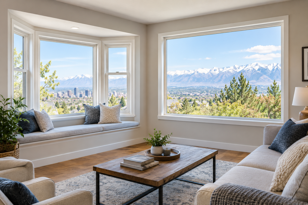 Bay window paired with a picture window in a Salt Lake City home