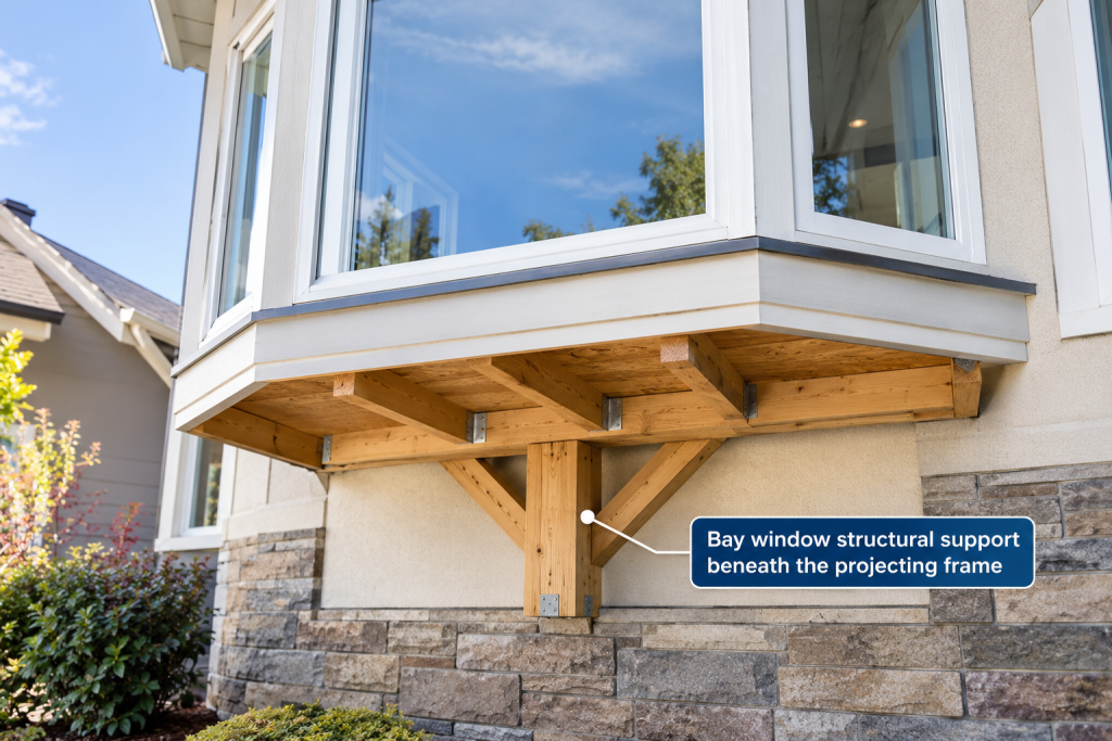 Bay window structural support beneath the projecting frame