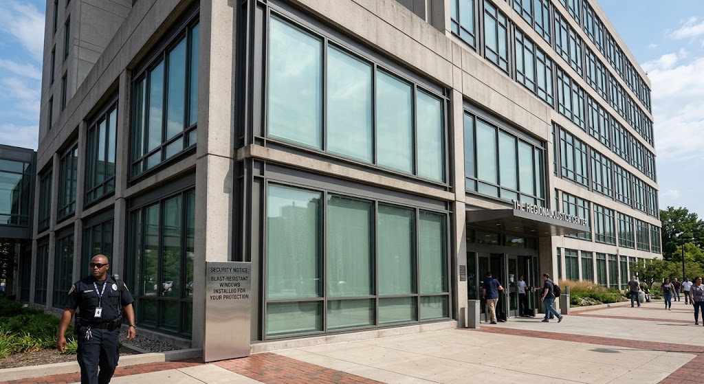 Blast-resistant window film on an institutional building
