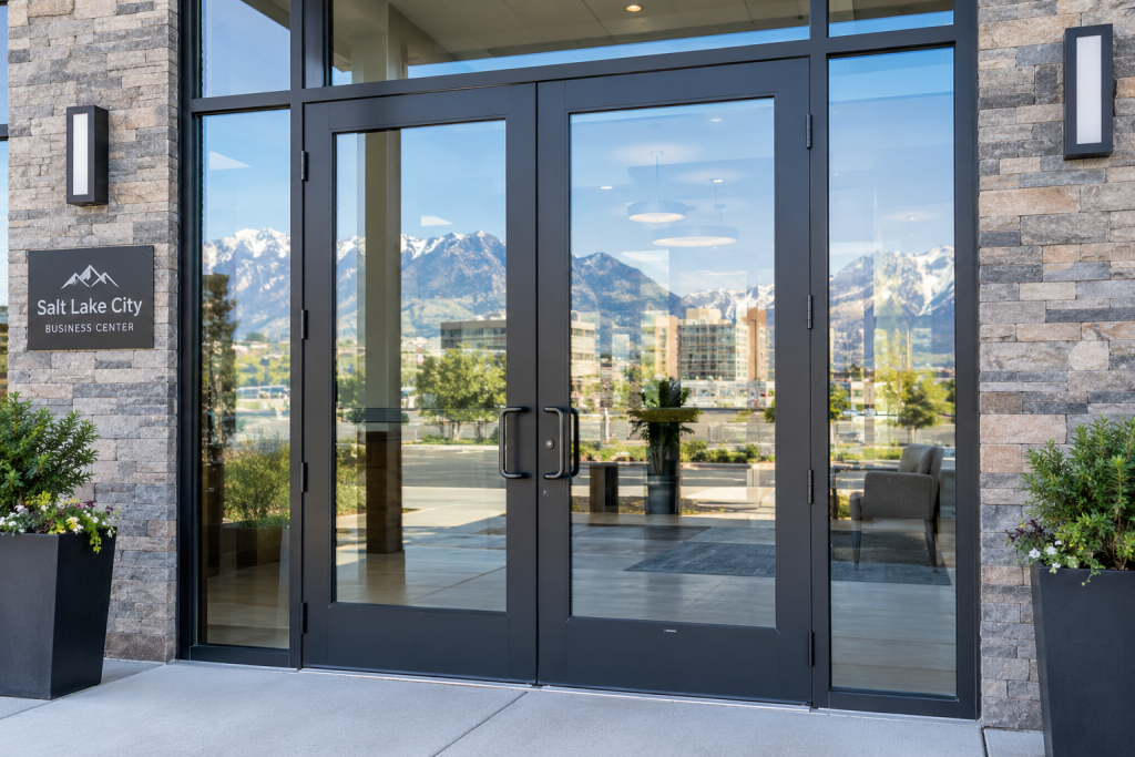 Commercial French doors in a Salt Lake City building