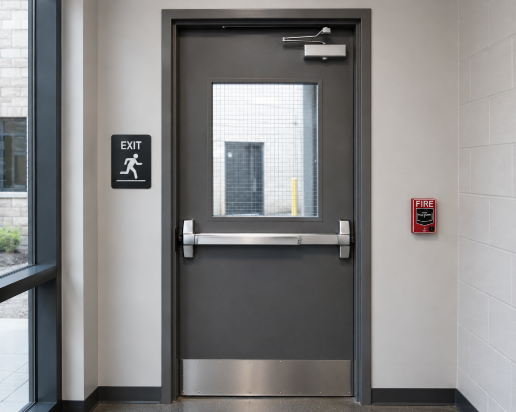 Commercial door with push bar exit hardware
