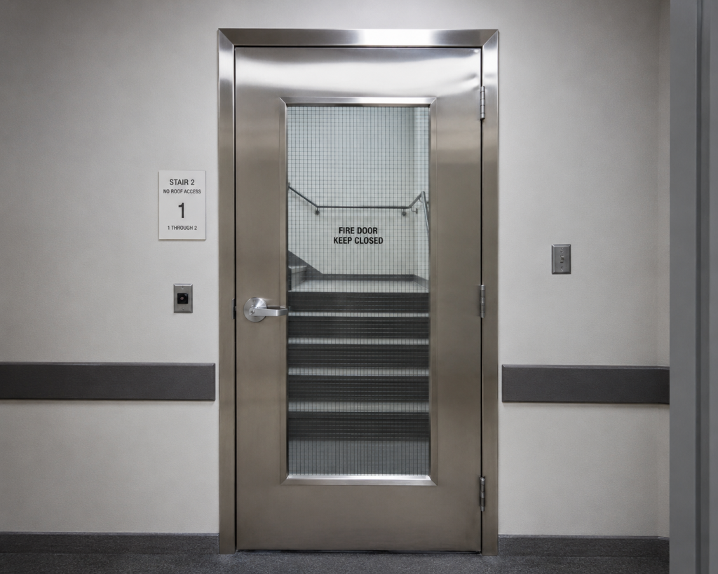 Commercial stainless steel door with fire-rated glass