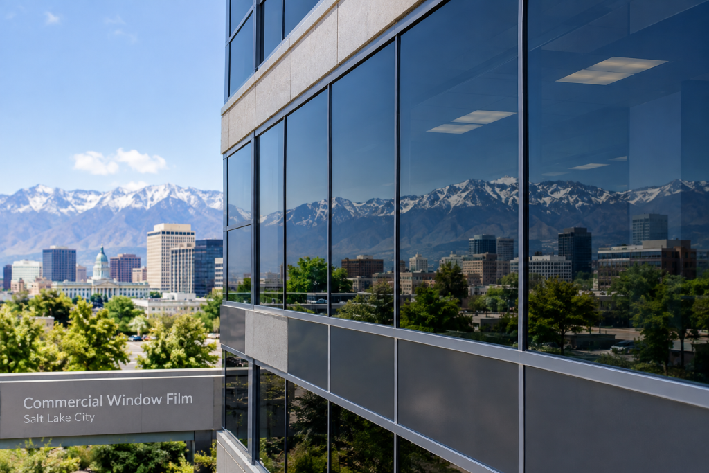 Commercial window film on a Salt Lake City office building
