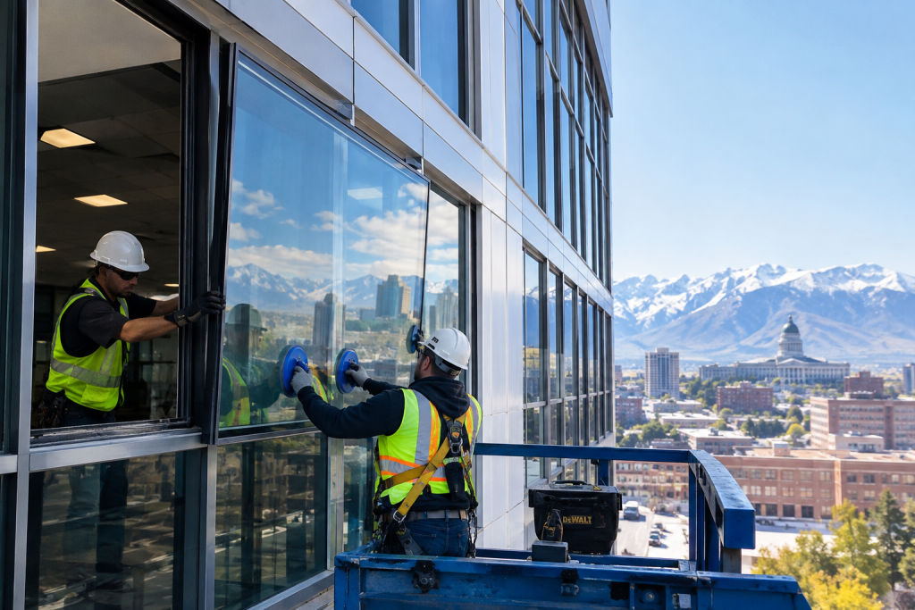 Commercial window installation on a Salt Lake City office building