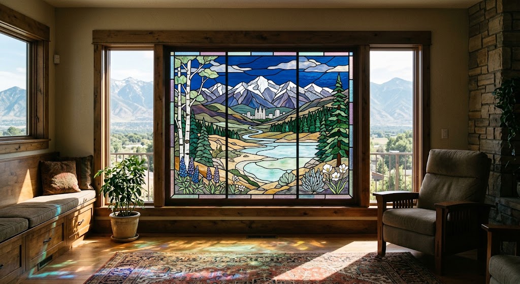Custom stained glass window in a Salt Lake City home