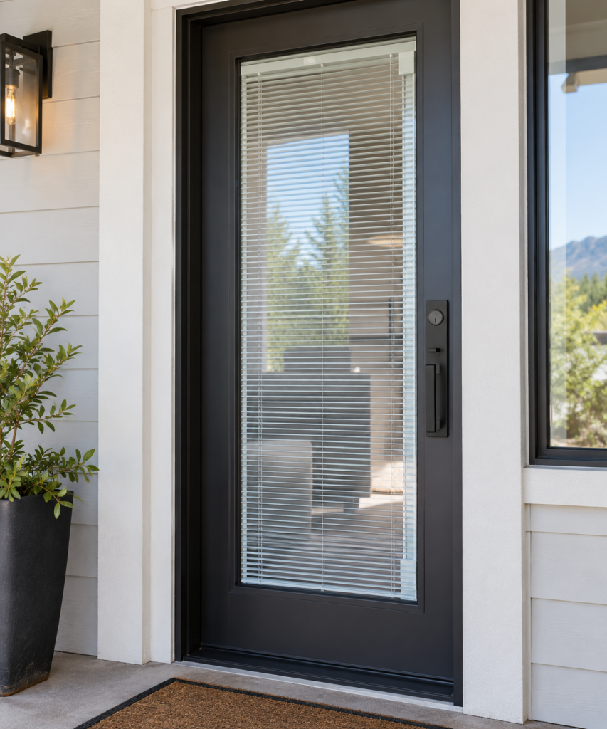 Entry door with built-in blinds between the glass