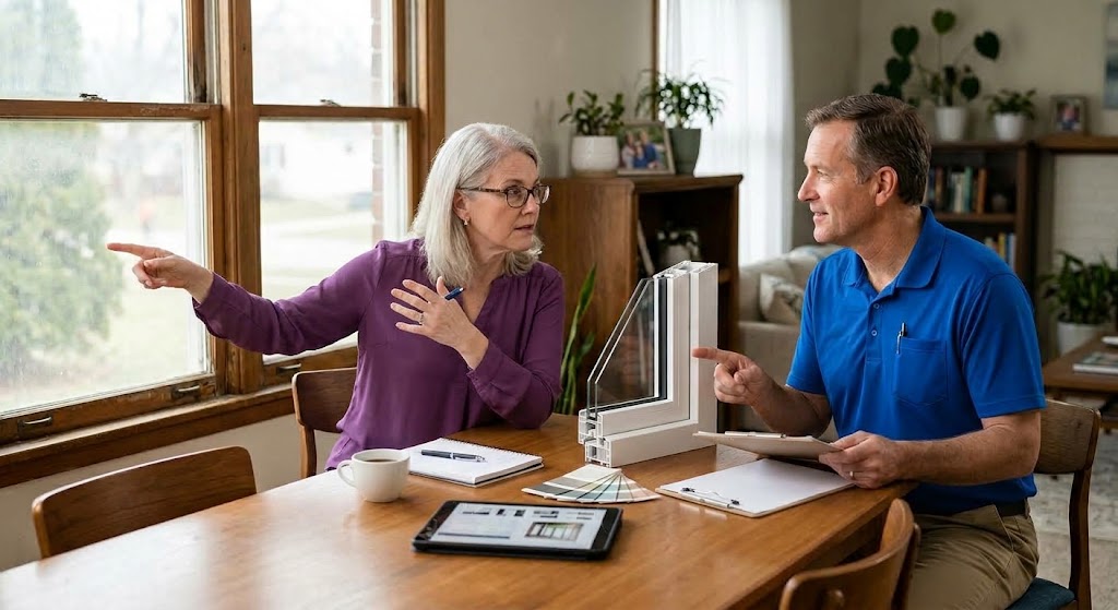 Homeowner asking a window replacement company questions during a consultation