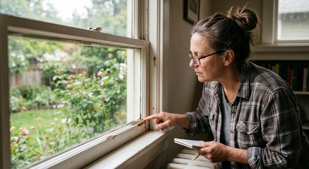 Homeowner assessing whether a window needs repair or replacement