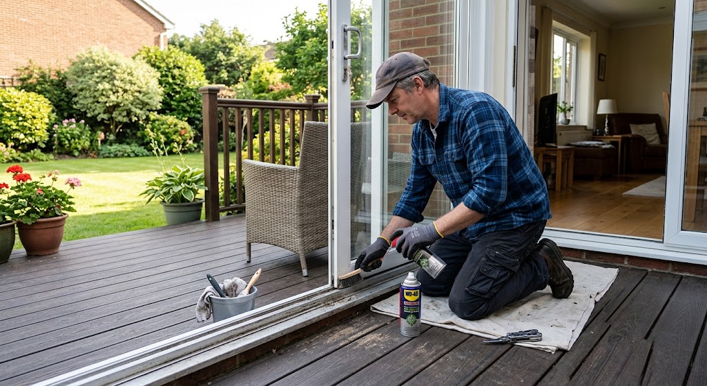 Homeowner performing patio door maintenance
