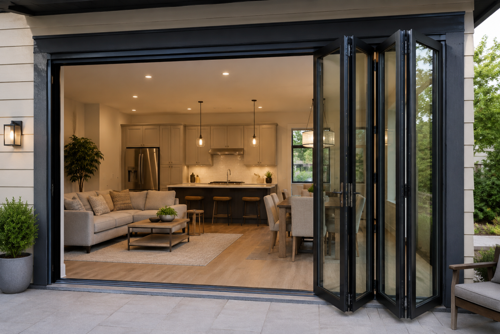 Hybrid folding door panels open to the outdoors
