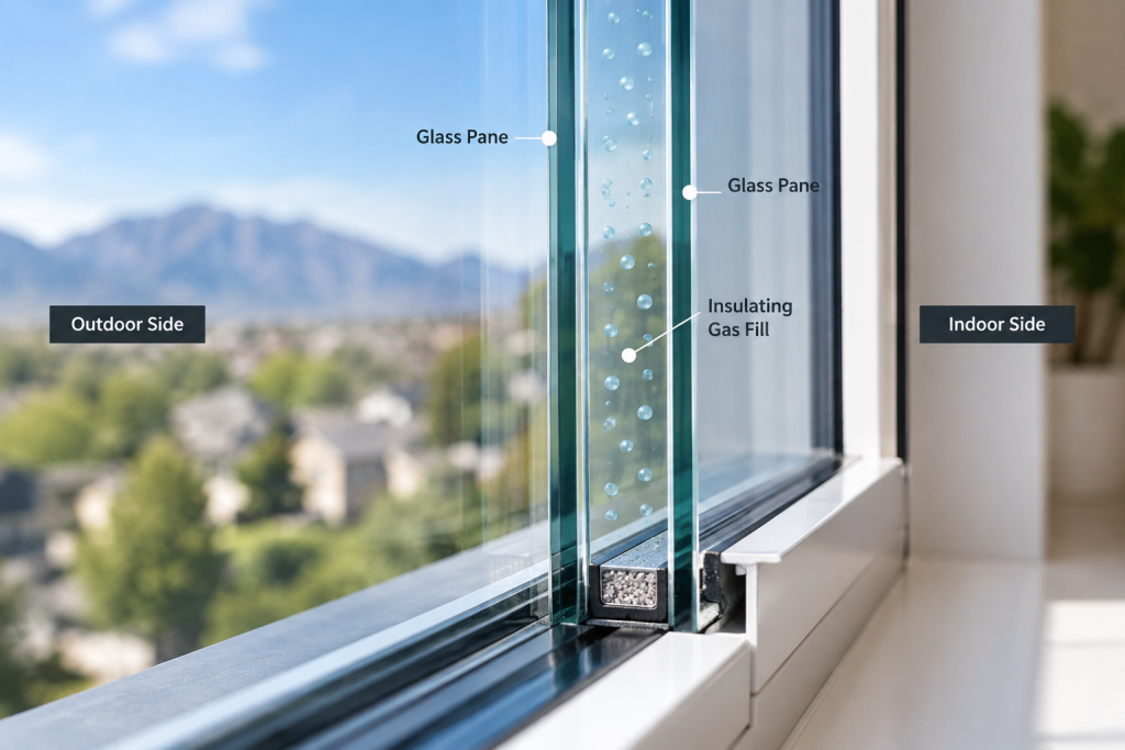Insulating gas fill between window glass panes
