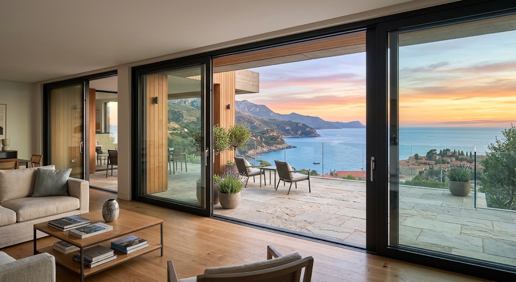 Modern lift and slide door system opening to a view