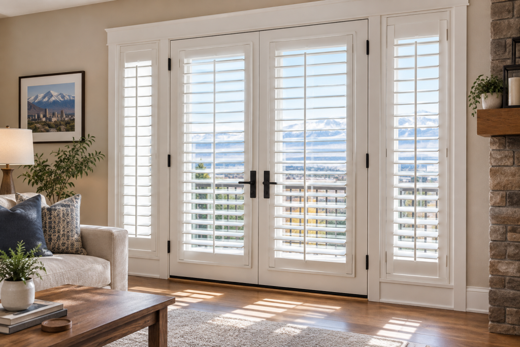 Plantation shutters on French doors in a Salt Lake City home
