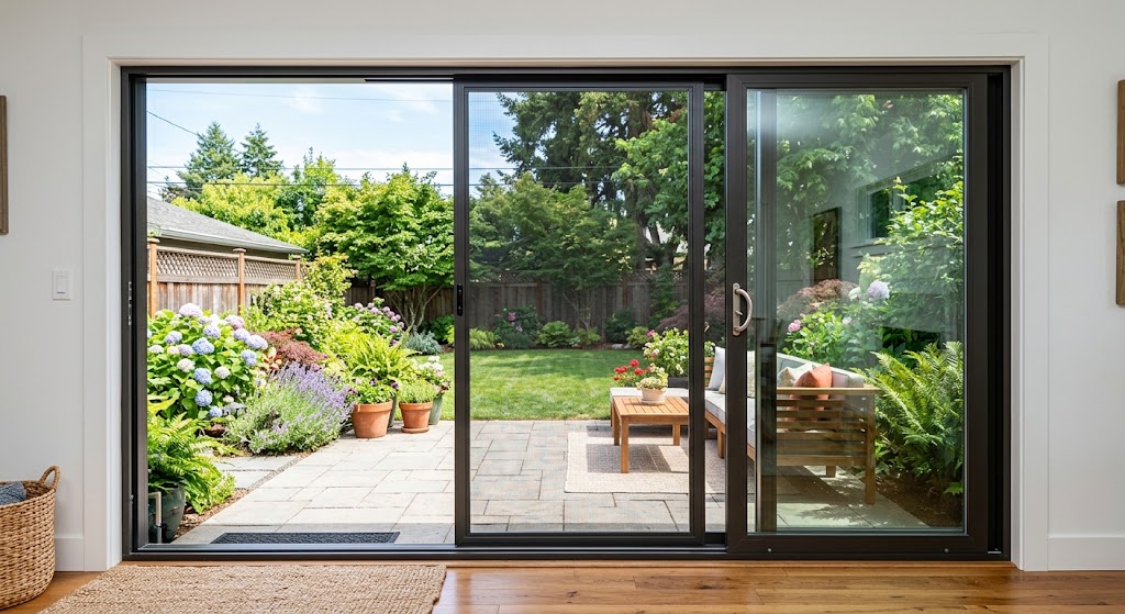 Sliding screen door paired with a patio door