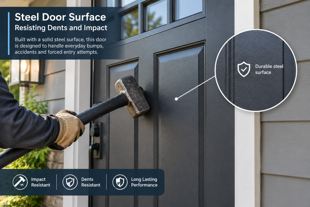 Steel door surface resisting dents and impact