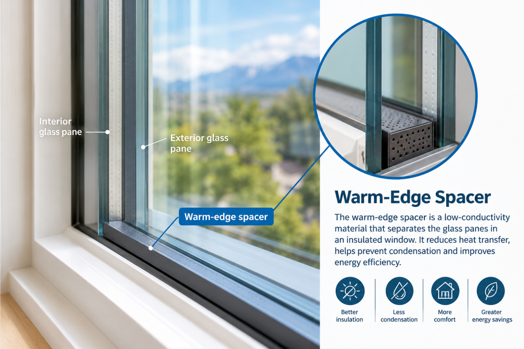 Warm-edge spacer between insulated window glass panes