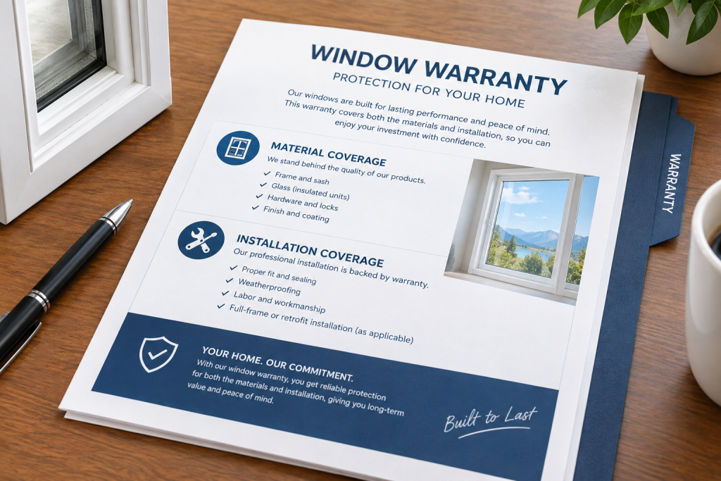 Window warranty documentation with material and installation coverage