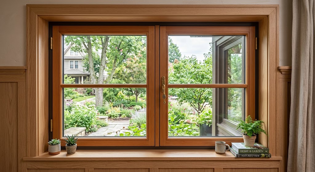  Aluminum-clad wood window with a wood interior