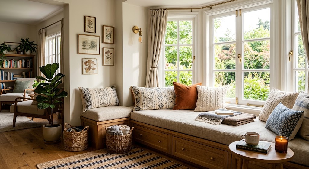 Bay window nook with cushioned bench seating