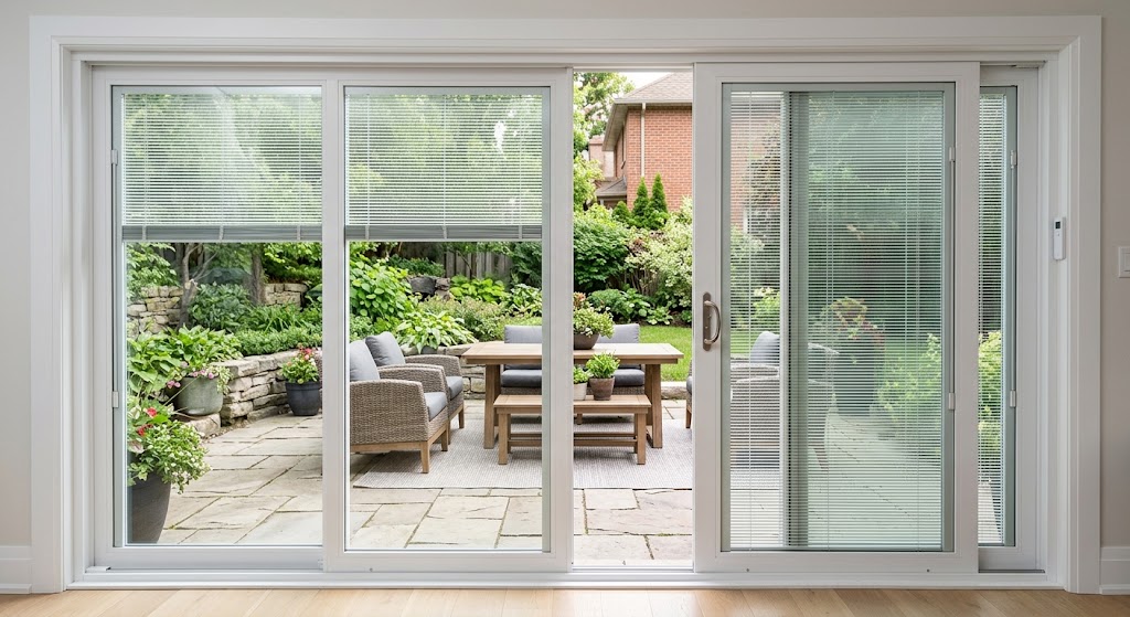 Between-the-glass blinds on a patio door