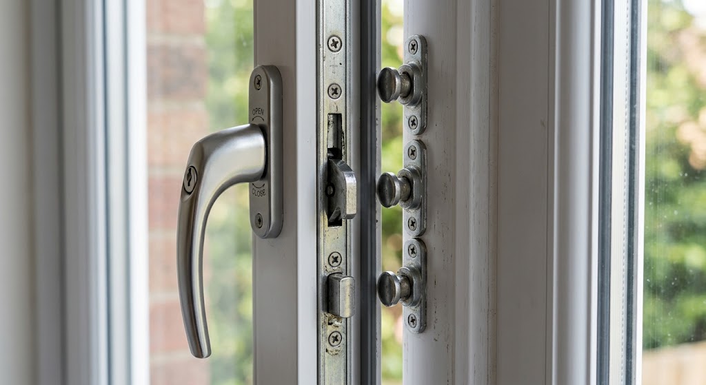 Close-up of a casement window's multi-point lock