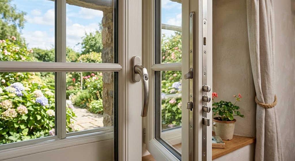 Casement window with multi-point locking hardware