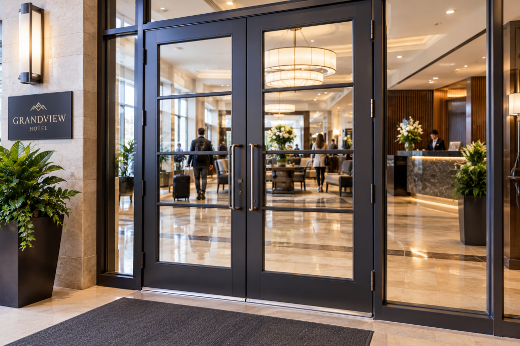 Durable French door in a high-traffic hotel lobby