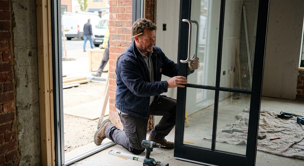 Professional installer fitting a commercial French door