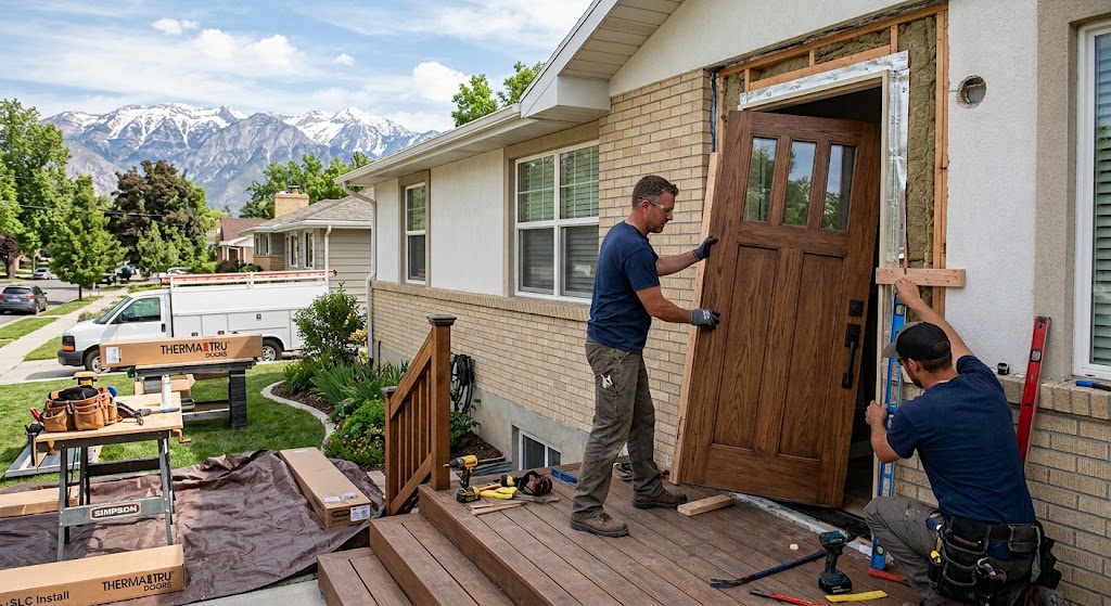 Professional door installation on a Salt Lake City home