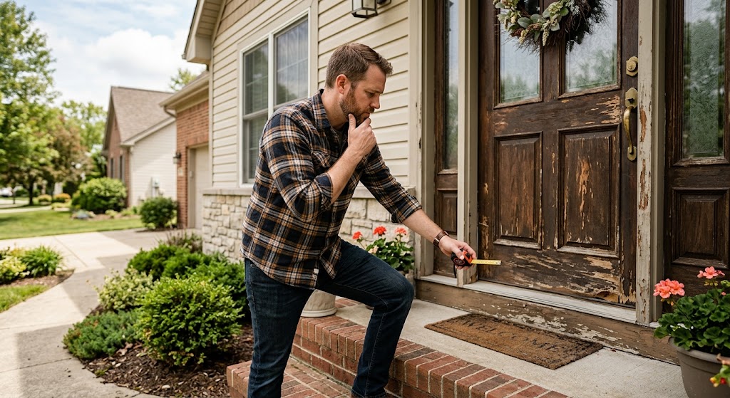 Homeowner assessing whether a door needs repair or replacement