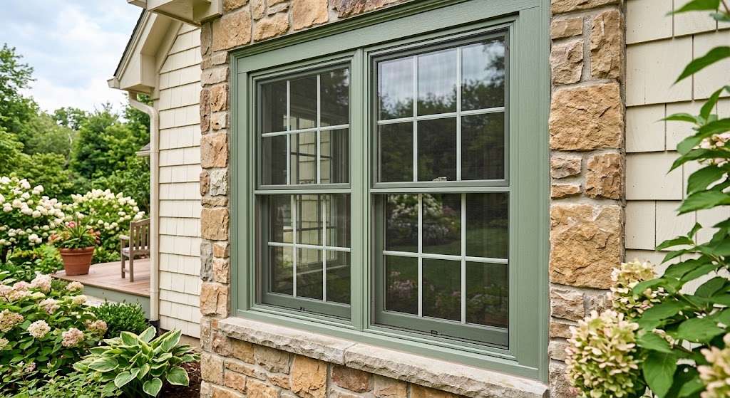 Double-hung vinyl window in a custom frame color