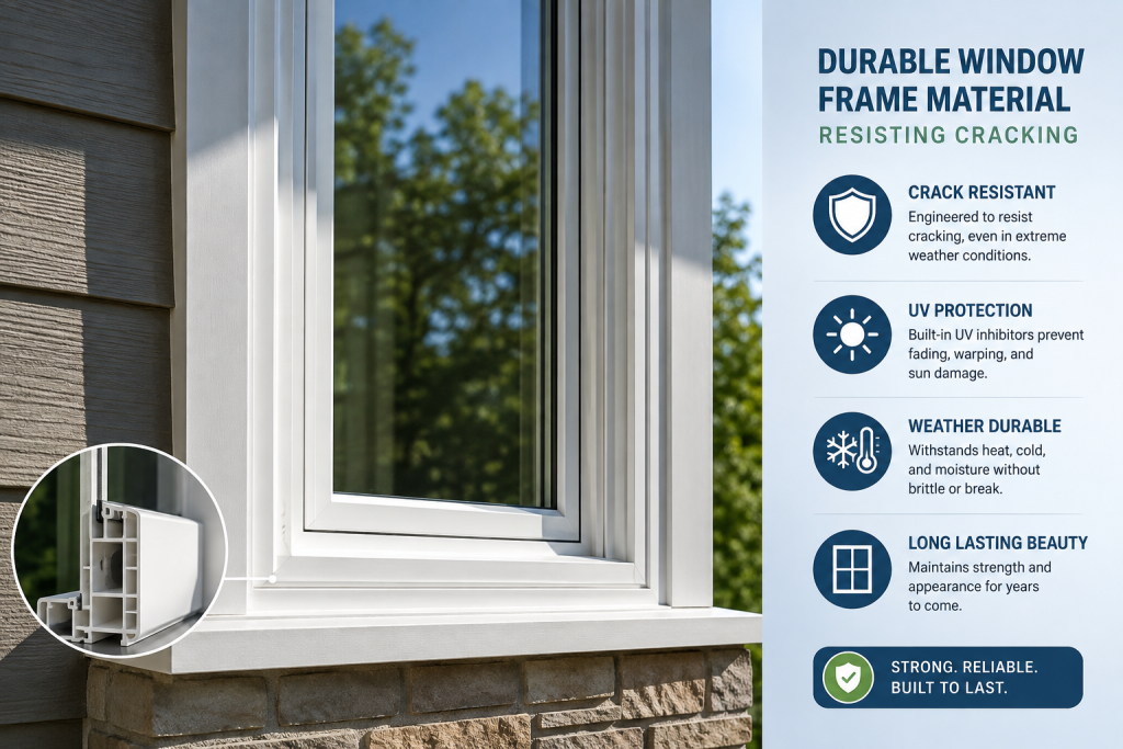 Durable window frame material resisting cracking