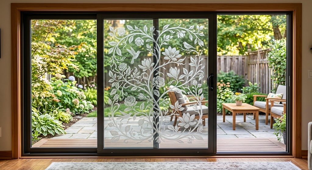 Custom etched glass design on a patio door