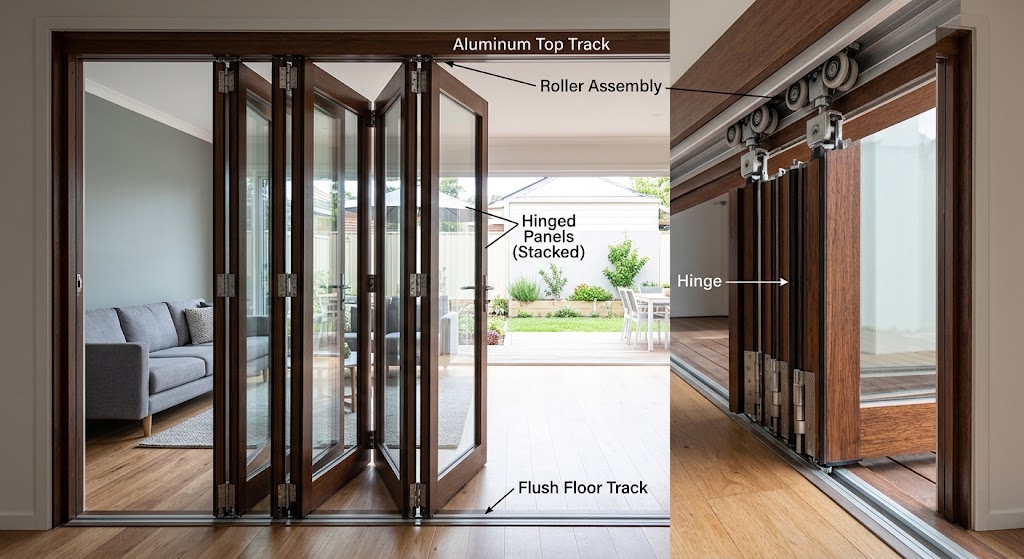 Folding door track and panel configuration
